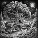 Black-and-white fantasy illustration of a moonlit dwelling built into a tree, with stairs leading to a hollow entrance.