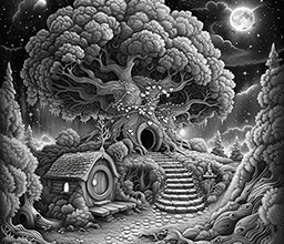 Black-and-white fantasy illustration of a moonlit dwelling built into a tree, with stairs leading to a hollow entrance.
