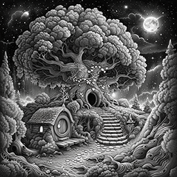 Black-and-white fantasy illustration of a moonlit dwelling built into a tree, with stairs leading to a hollow entrance.