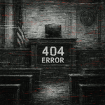 Digital artwork of an empty courtroom with “404 ERROR” on the judge’s bench, symbolizing missing justice.