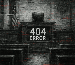 Digital artwork of an empty courtroom with “404 ERROR” on the judge’s bench, symbolizing missing justice.
