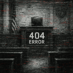 Digital artwork of an empty courtroom with “404 ERROR” on the judge’s bench, symbolizing missing justice.