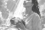 Black-and-white digital artwork of a woman healing a man with an ankh on his neck, symbolizing Aset’s divine protection and love.