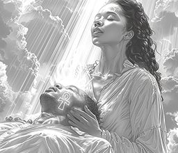 Black-and-white digital artwork of a woman healing a man with an ankh on his neck, symbolizing Aset’s divine protection and love.