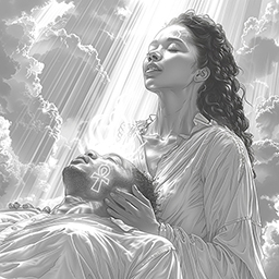 Black-and-white digital artwork of a woman healing a man with an ankh on his neck, symbolizing Aset’s divine protection and love.