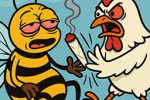 Cartoon of a stoned-looking bee holding a joint while an angry chicken yells at it.