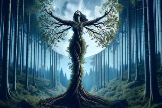 Book cover for Reflections On The Goddess by DeAngelo Capone, showing a woman merged with a tree reaching toward a full moon in a forest.