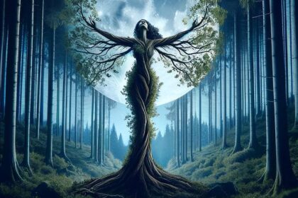 Book cover for Reflections On The Goddess by DeAngelo Capone, showing a woman merged with a tree reaching toward a full moon in a forest.